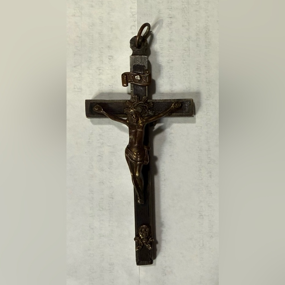 Jesus Christ Cross Crucifix Pectoral Brass Wood 4” Antique 1800s INRI